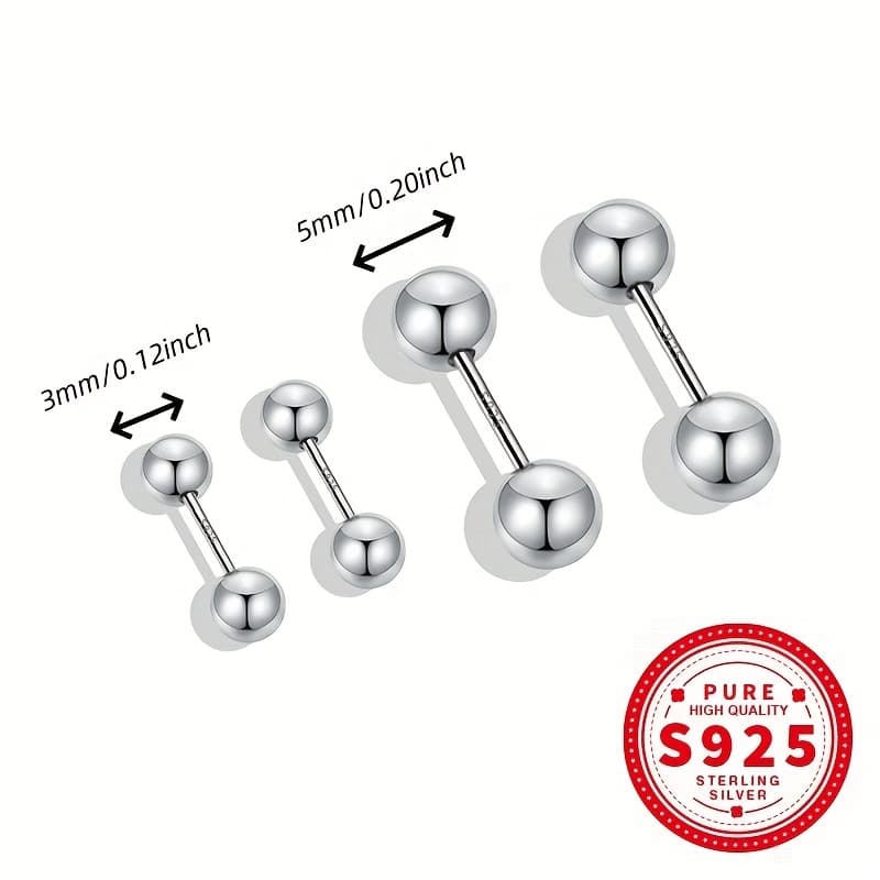 TEMU Of S925 Silver, Women's And Men'-headed Round Bead Earrings With Screw-tight Design, , Trendy Fashionable Design Suitable For Daily And Party Wear, Perfect Gift For , Low Allergy 3mm 5mm