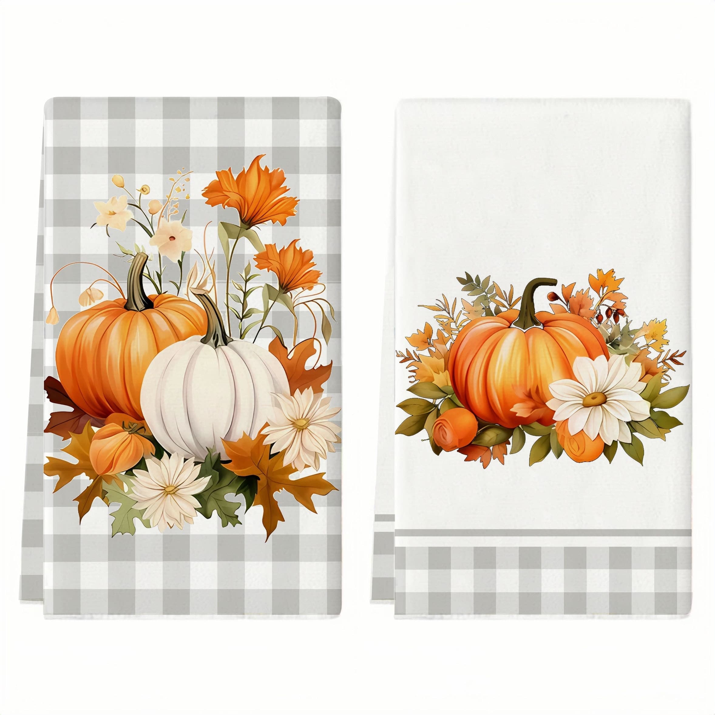 TEMU Festive Checkered Kitchen Towels: 2pcs Set With Pumpkin And Floral Designs - Perfect For Fall Decor And As A Gift For