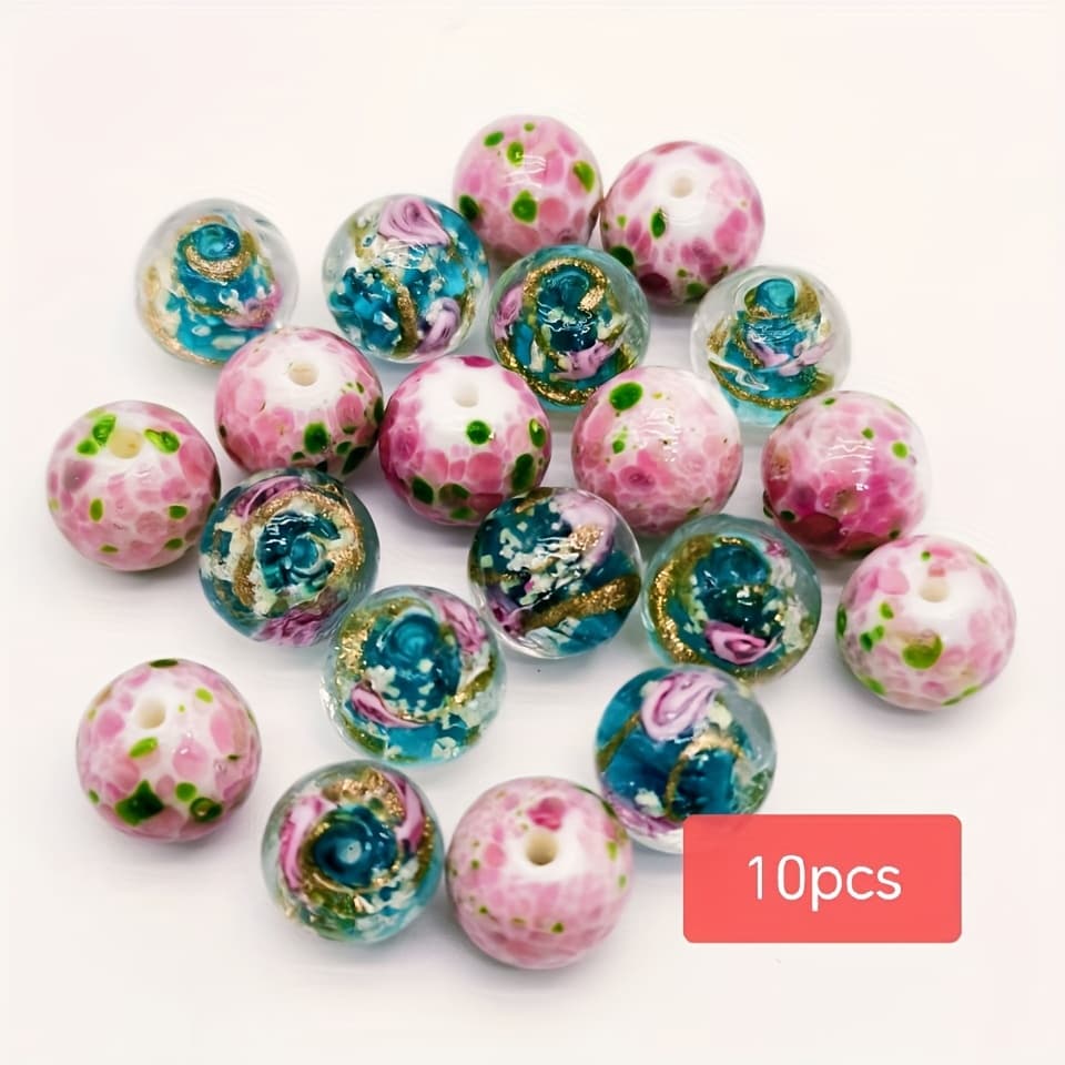 TEMU New 12mm Patterned Handmade Glass Round Beads For Jewelry Making, Including Bracelets, Necklaces, And Earrings