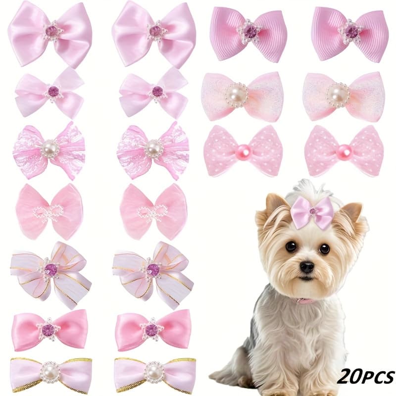TEMU 20-pack Hair Ties - Elastic Rubber Bands With Lace, Rhinestones & Pearl Accents, Suitable For Long-haired Puppy & Cat Hair Accessories