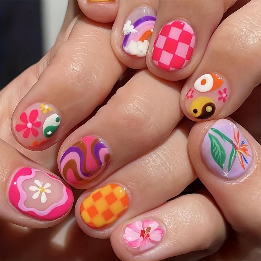 TEMU Short Square Nail Art Tips Early -blocking Mesh Stripes Floral Wearable Faux Nails Elegant Versatile European And American Trade 24pcs