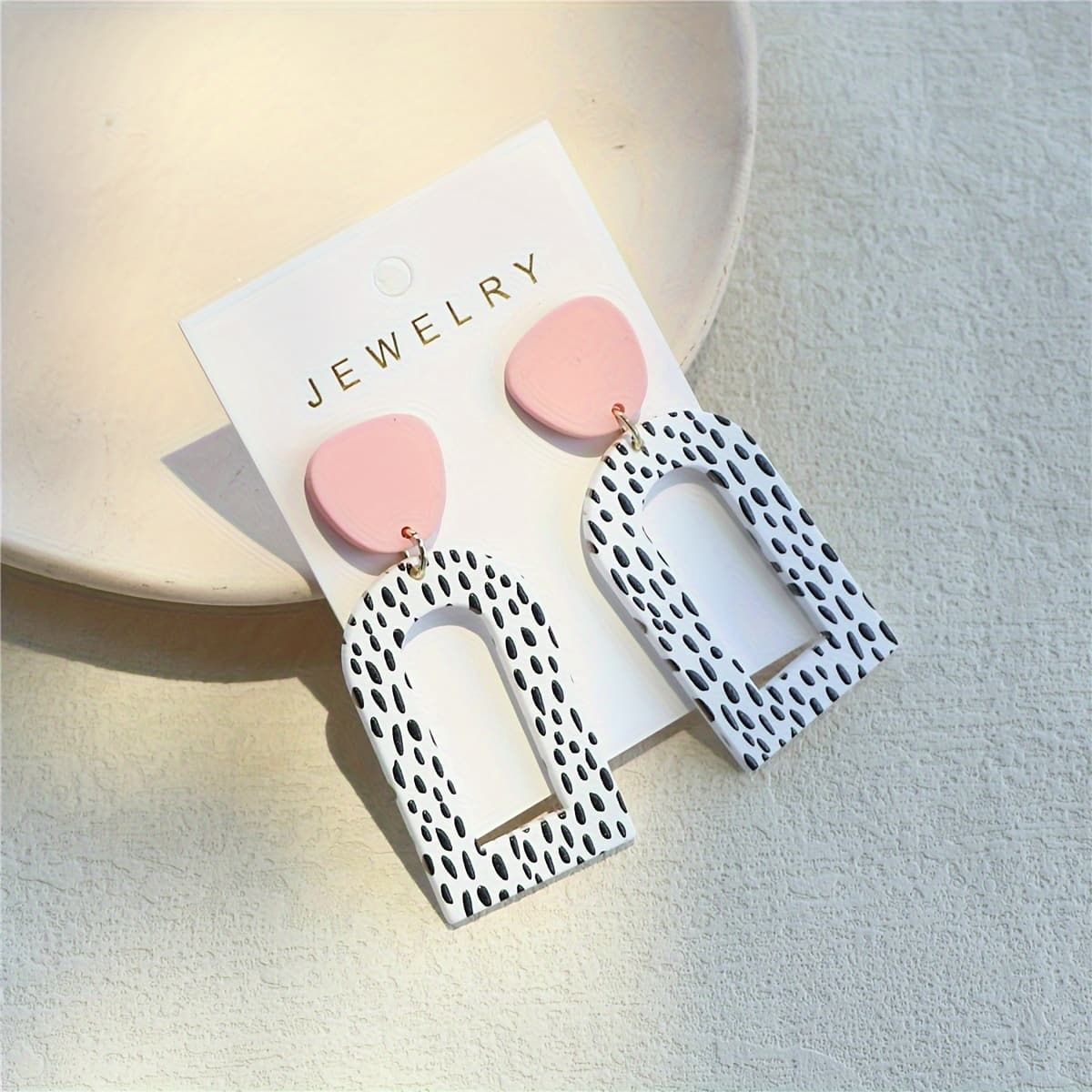 TEMU 1 Pair Women's Vertical Dot Print Clay Texture Ins Large Hollow Pink Head Acrylic Temperament Beautiful Earrings