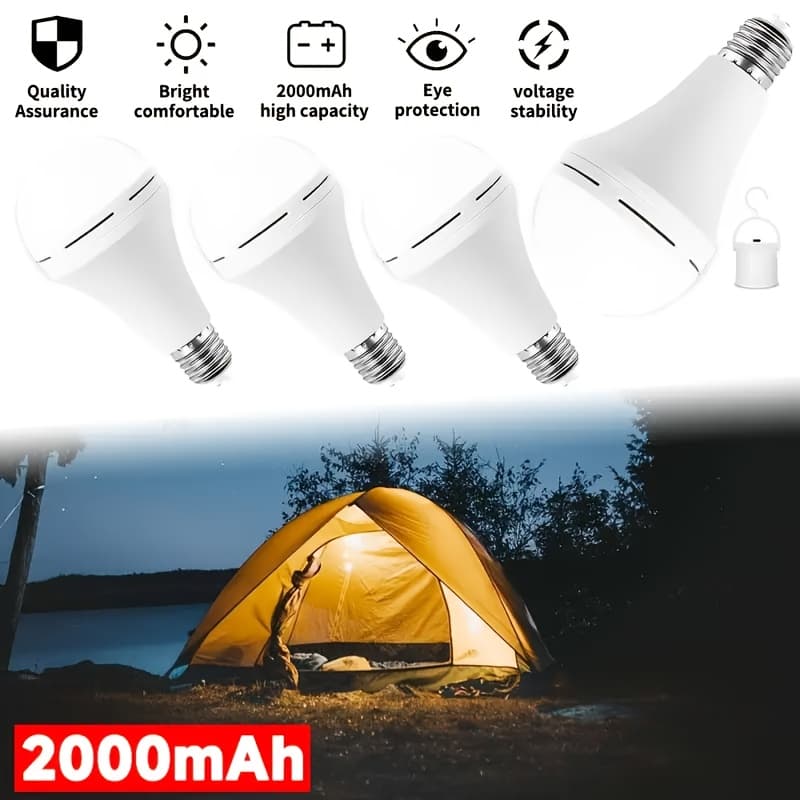 TEMU 4-pack A21 Rechargeable Led Light Bulbs Emergency Battery With E27 Base Hanging Hooks, 2000 Mah 80w Equivalent For Failure (white Light), Emergency Lighting, Modern Lighting, Durable Plastic
