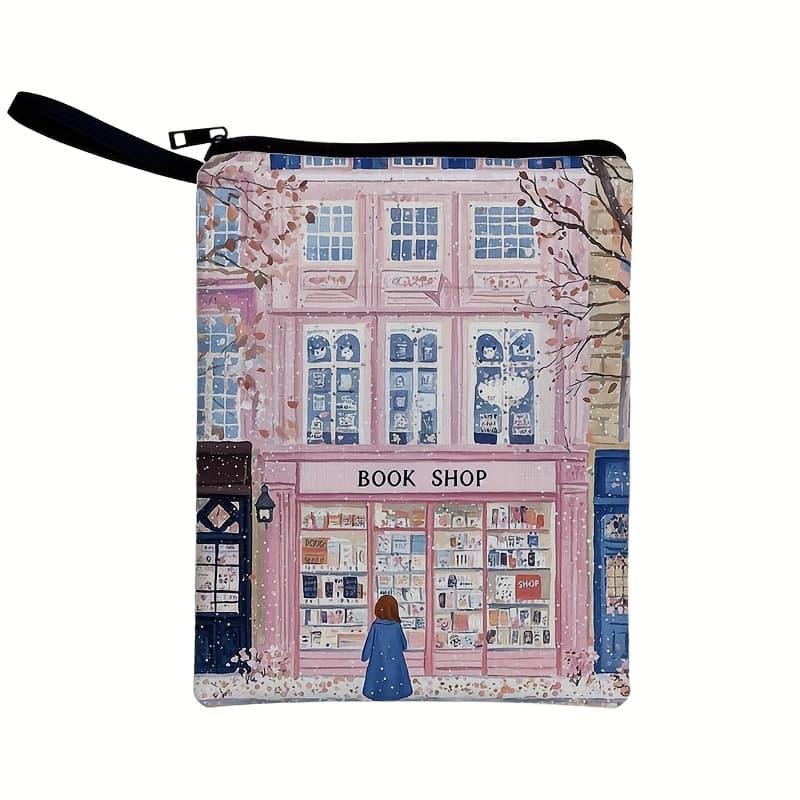TEMU Pink Bookstore Printed Book Cover, Girl Book Cover Protective Bag Under Snowflakes, Double-sided Printed Zipper Closed Makeup Bag Mobile Ipad Storage Bag Suitable For Gifts For Ladies Girls And