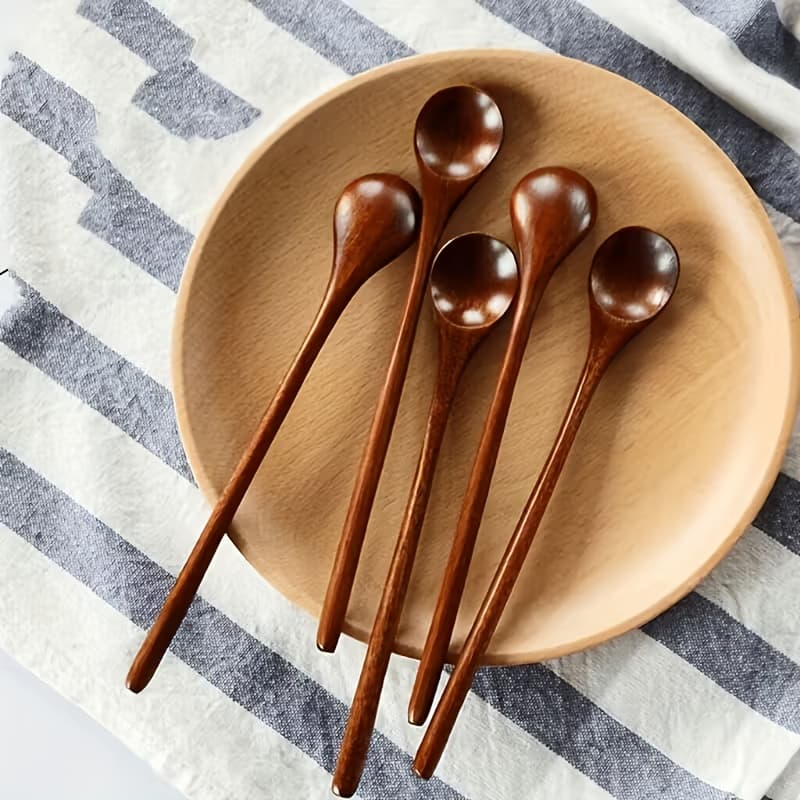 TEMU 5pcs Wood Long-handled Spoons & Mixing Spatula - Kitchen Utensils Suitable For Coffee, Honey, Soup, Milk Stirring - Durable Stirring Rods For, Cafe, Restaurant Use