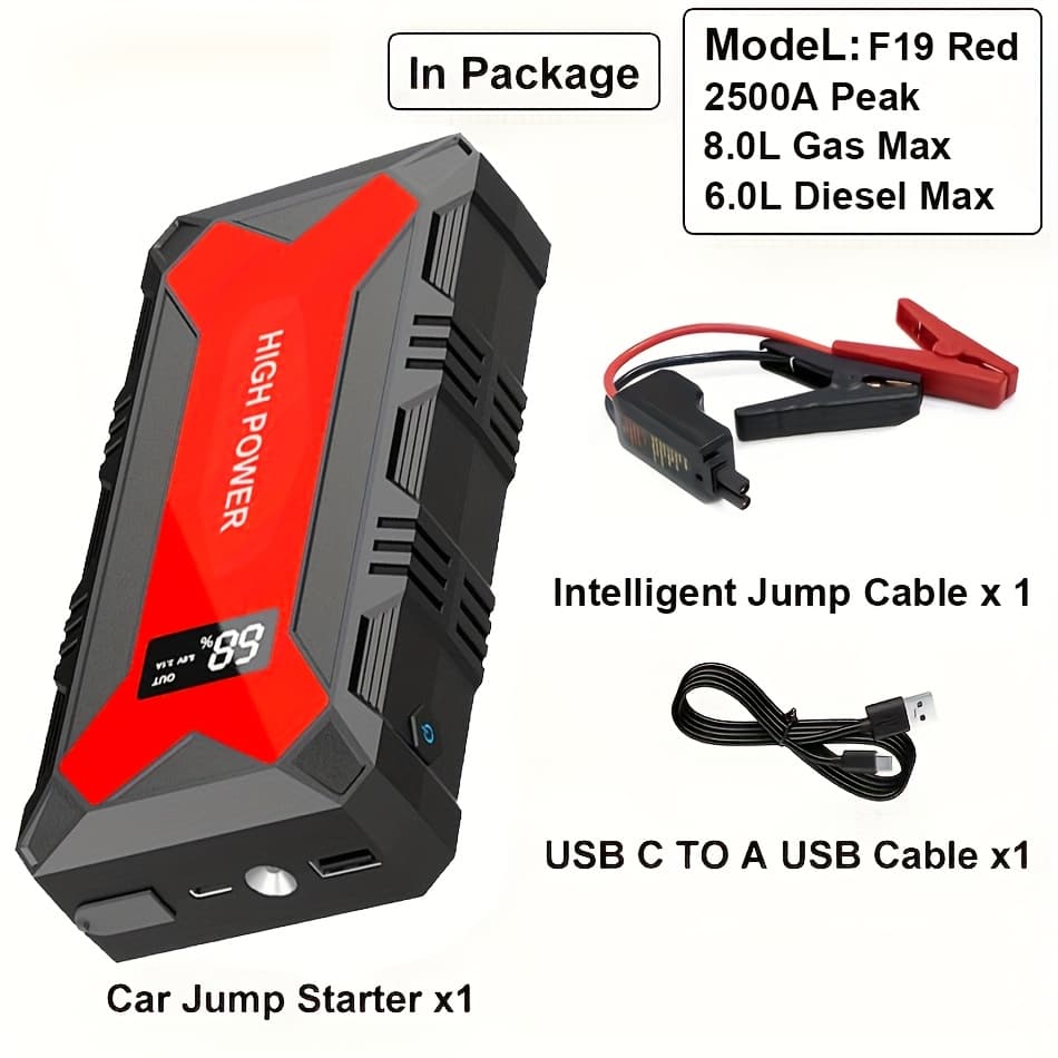 TEMU Car Jump Starter, 1600a/2500a Lithium Jump Pack For Gas Or Engine, Safe 12v Portable Battery Starter Power Pack With Led Screen And Led Light