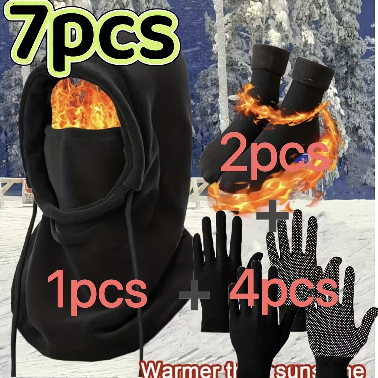 TEMU [ 7pcs Hat Gloves Socks ] - Winter Essential Set: Gloves Suitable For Touch Screens, Thick Lined Socks, Windproof Balaclava Head Cover, Double-layer Thick , Motorcycle Skiing Winter Mask