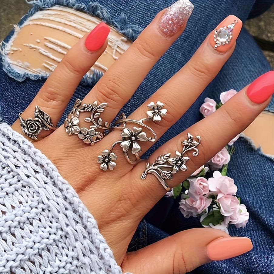 TEMU [vintage 925 Silver Rings] 4pcs 925 Silver Vintage Stacked Floral Rings Set - Simple Elegant Design For Women - Daily & Gift Occasions