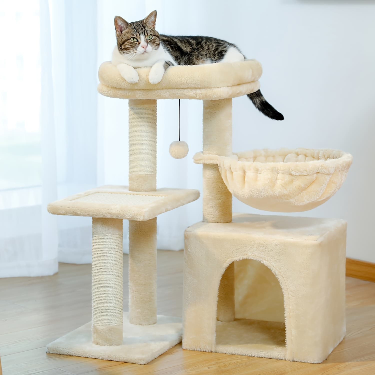 TEMU Small Cat Tree, Cat Tower For Indoor Cats, 2 Styles Cat Activity Tree With Cat Scratching Posts, Big Hammock And Removable Top Perch, Grey, Beige