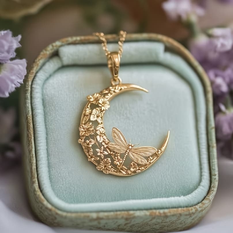 TEMU Engraved Moon And Dragonfly Pendant Floral Golden Necklace