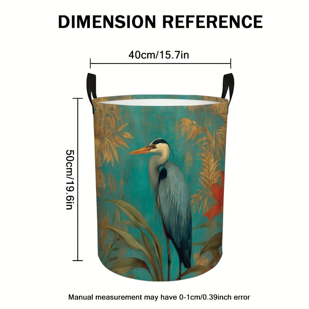 TEMU 1pc Vintage Round Laundry Basket & Storage Bucket - Elegant Heron Bird Hamper, 2d Print For, Bathroom, Bedroom - Multi- Dirty Clothes Basket & Doll Storage, Decorative , 2d Flat