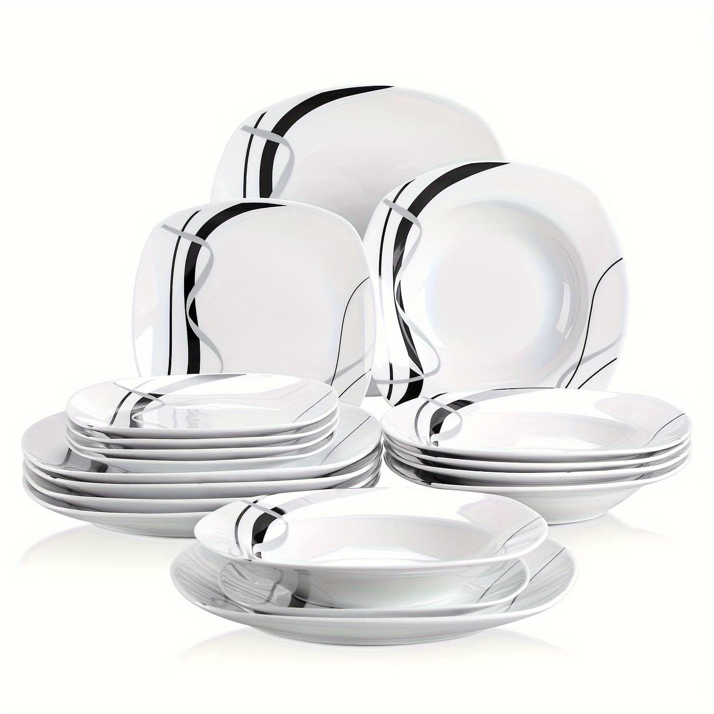 TEMU 18pcs Dinner Set Service For 6, Porcelain Plates Set, Ink And Line Patterns Dining Set, Round Dishes Set Plate Set Including 6 X 7.5" Dessert Plate, 6 X 8.5" Soup Plate, .75" Dinner Plate