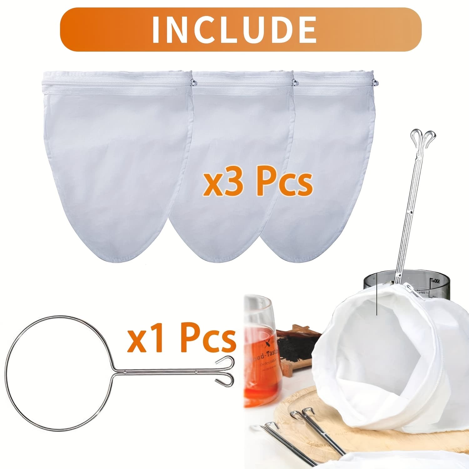 TEMU 2/4pcs Ultra Fine Mesh Strainer Bags With Zipper And Stainless Steel Handle, Ultra Fine Mesh Strainer Bags, For Filter Nut Milk, Coffee, Juices, Coffee, Milk, Butter And Fresh Cheese