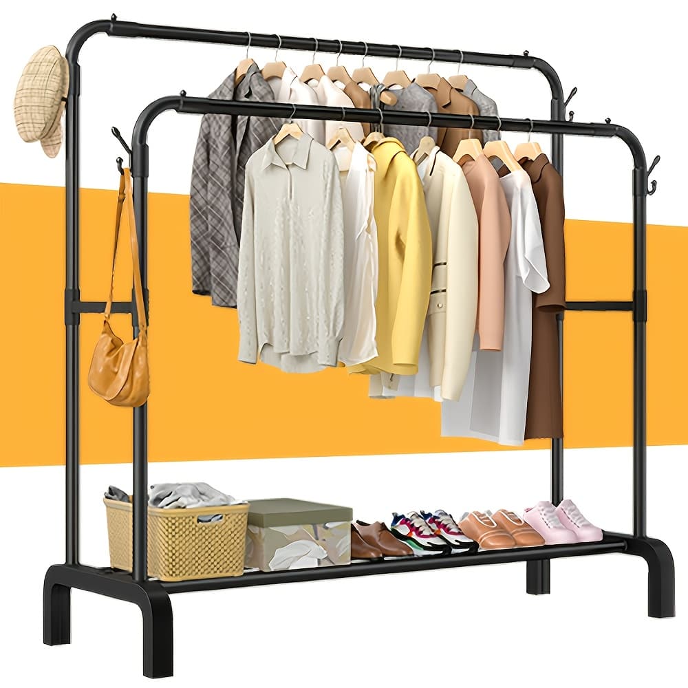 TEMU Upgraded Garment Rack With Double Metal Rods, Clothing Rack Heavy Duty Clothing Racks For Hanging Clothes, Steel-plastic Dual-rod Black Hanger, Freestanding Wardrobe Closet Rack, For Bedroom