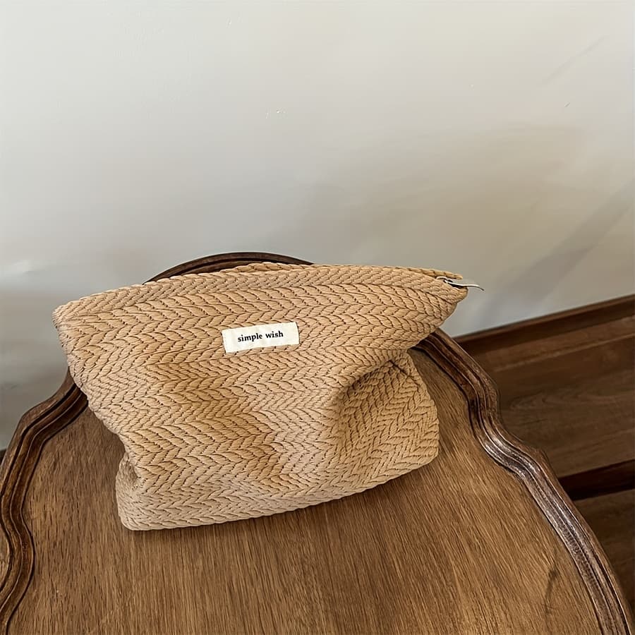 TEMU 1pc Elegant Wheat Pattern Woven Fabric Handbag - Zippered Makeup Pouch With Golden-tone Hardware, Compact Square Design For Travel & Daily Use, Stylish Storage Accessory, Textured Finish