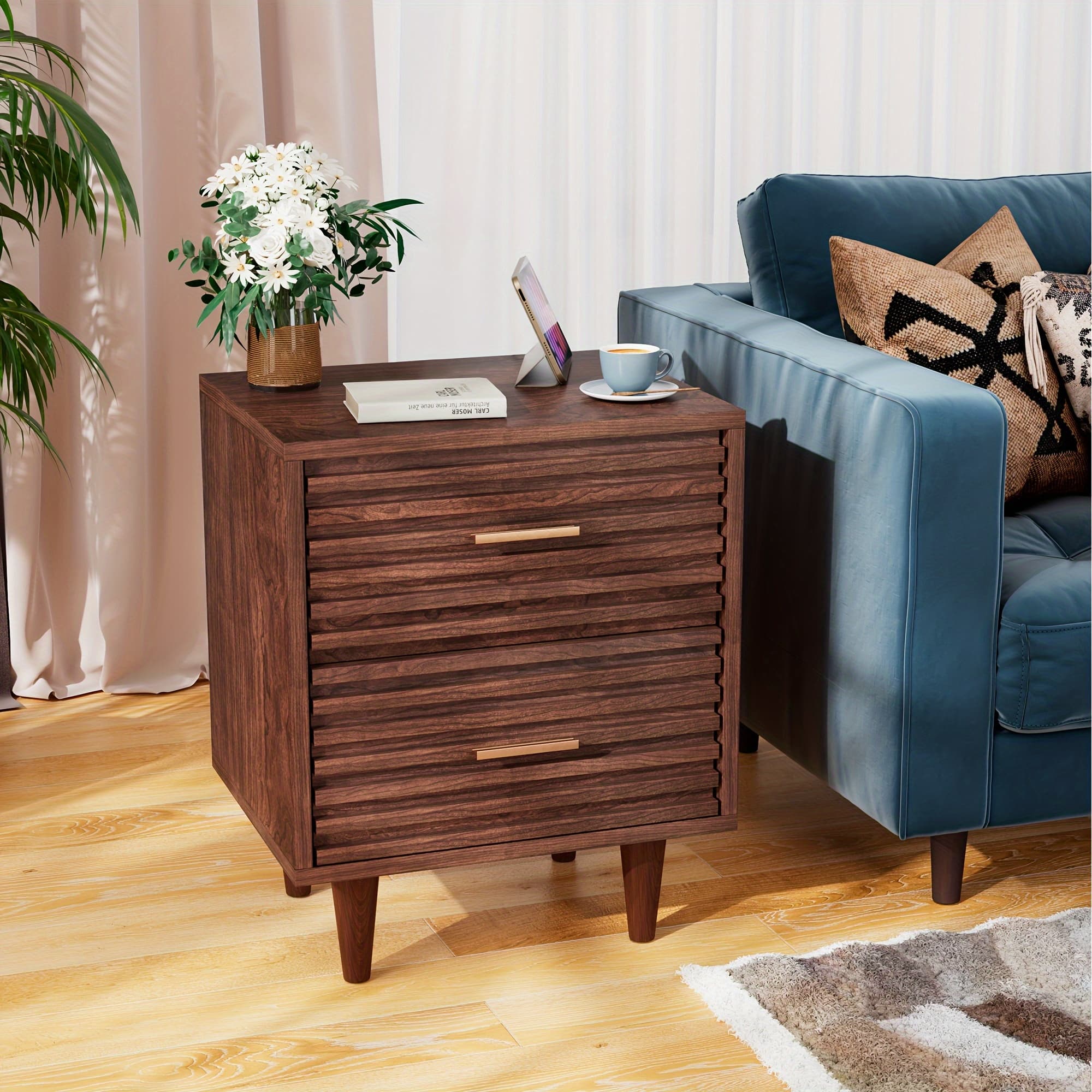TEMU End Table For Living Room, Mid Century Night Stand For Bedroom, Bed Side Table With Drawers, Vintage Sofa Side Table, Dark Brown Nightstand, Wood Accent Storage Cabinet, 2 Drawer Dressers