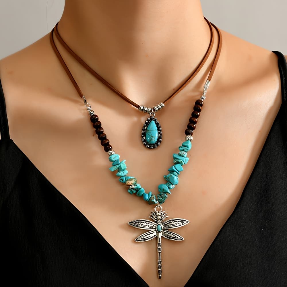 TEMU Two-piece Set Women's Fashion Pendant Necklace, Vintage Bohemian Style Korean Velvet Gravel Dragonfly Pendant Necklace Suitable For Men And Women For Daily Wear And Vacation