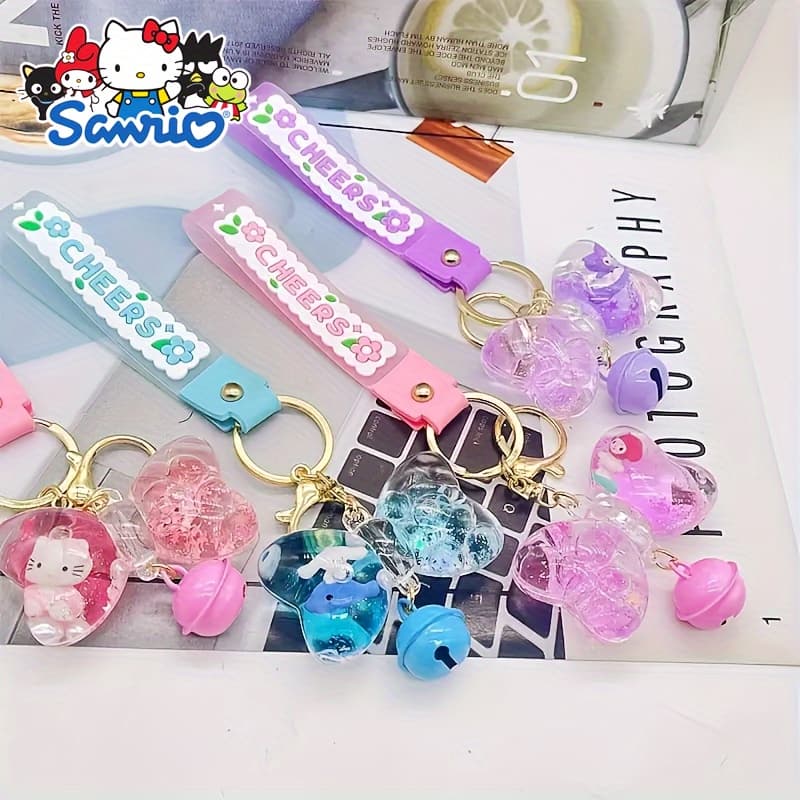 TEMU 4pcs Authentic License, Hello Kitty, Kulomi, Big Eared Dog, Melody Oil Drift Bottle Keychain, Adorable Cartoon Keychain, Trailer Key, Hanging Key, Bag Charm, Decoration, Essential For Gifting