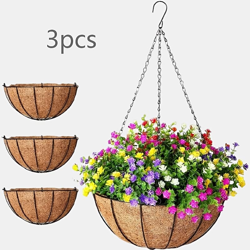 TEMU Metal Plant Hanging Basket Set (10-inch), Featuring A Rust-resistant Chain And Coconut Coir Lining, Suitable For Outdoor Use In Gardens, Patios, Decks, , As Well As For Courtyard Decoration