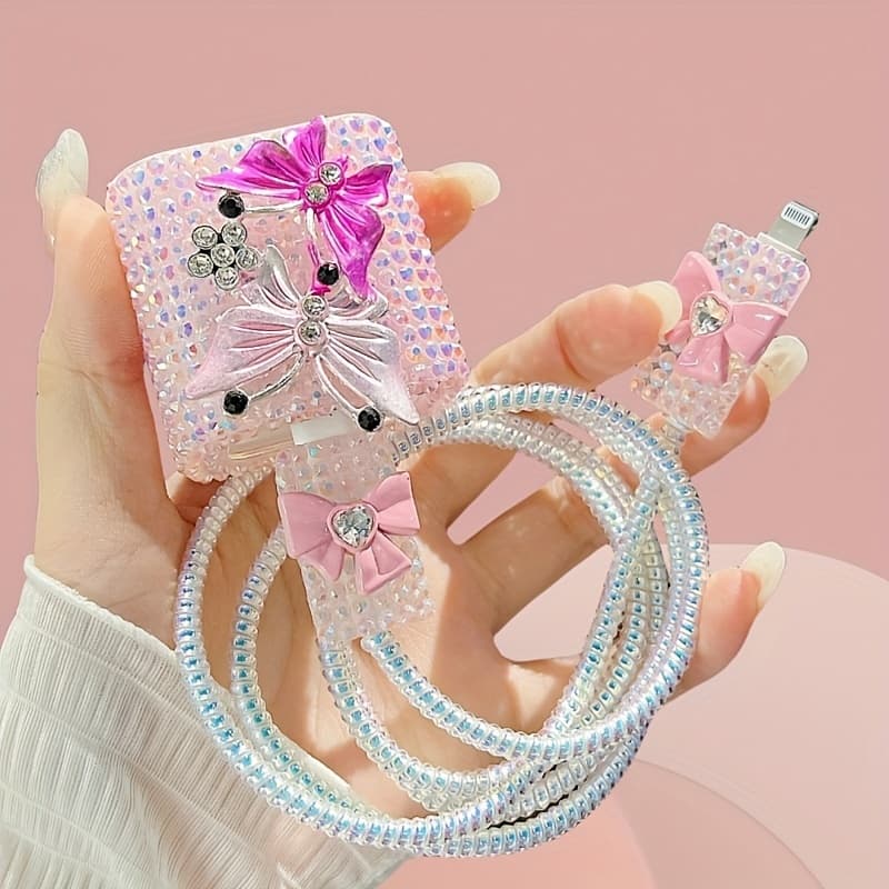 TEMU Diamond Heart//mirror Cat Data Cable Protector Charger Protective Case Diamond For For Huawei Xiaomi Oppo Fast Charge Head Protective Case Car Data Cable Protector