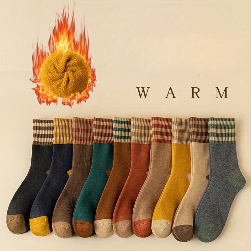 TEMU 10 Pairs Wool Knit Socks, 60% Wool 28.0% Polyester 12.0% Elastane, Thick Plush Middle Tube Socks, Machine Washable, Warm Long Socks, Cozy Footwear | Striped Cuffs | Soft Texture Socks, Cute Socks