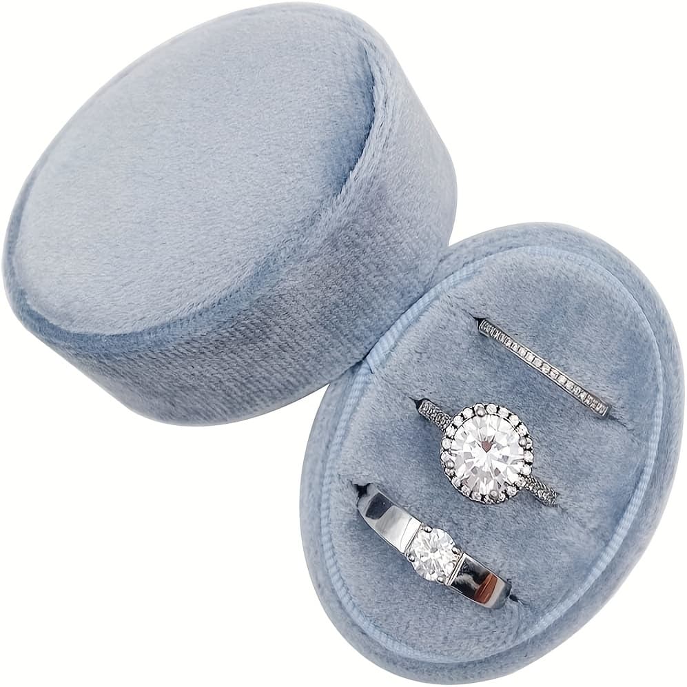 TEMU Velvet Oval Ring Box 3 Slots - Premium Wedding Holder Box Vintage Handmade Storage Jewelry Organizer For Proposal, Engagement, Wedding Ceremony, Christmas