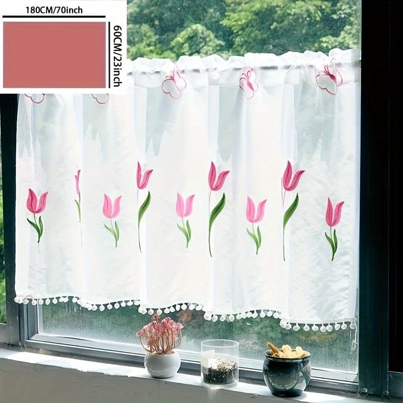 TEMU Floral Embroidered Lace Half Curtain - Rod For Easy Hanging, Perfect For Kitchen & Bedroom Decor