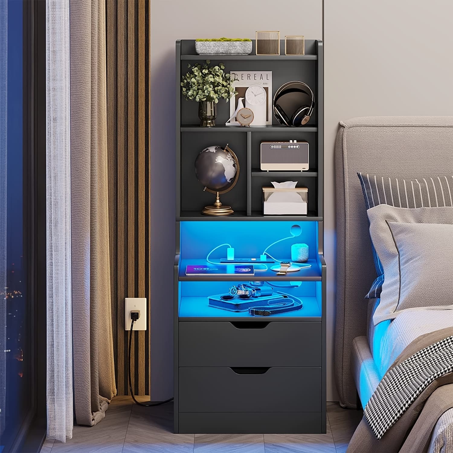 TEMU 1pc Black Nightstand With Drawers And Storage Shelves, Tall Bedside End Table With Led Lights And Charging Station And Bookshelf, Black/ White/ Gray Nightstand
