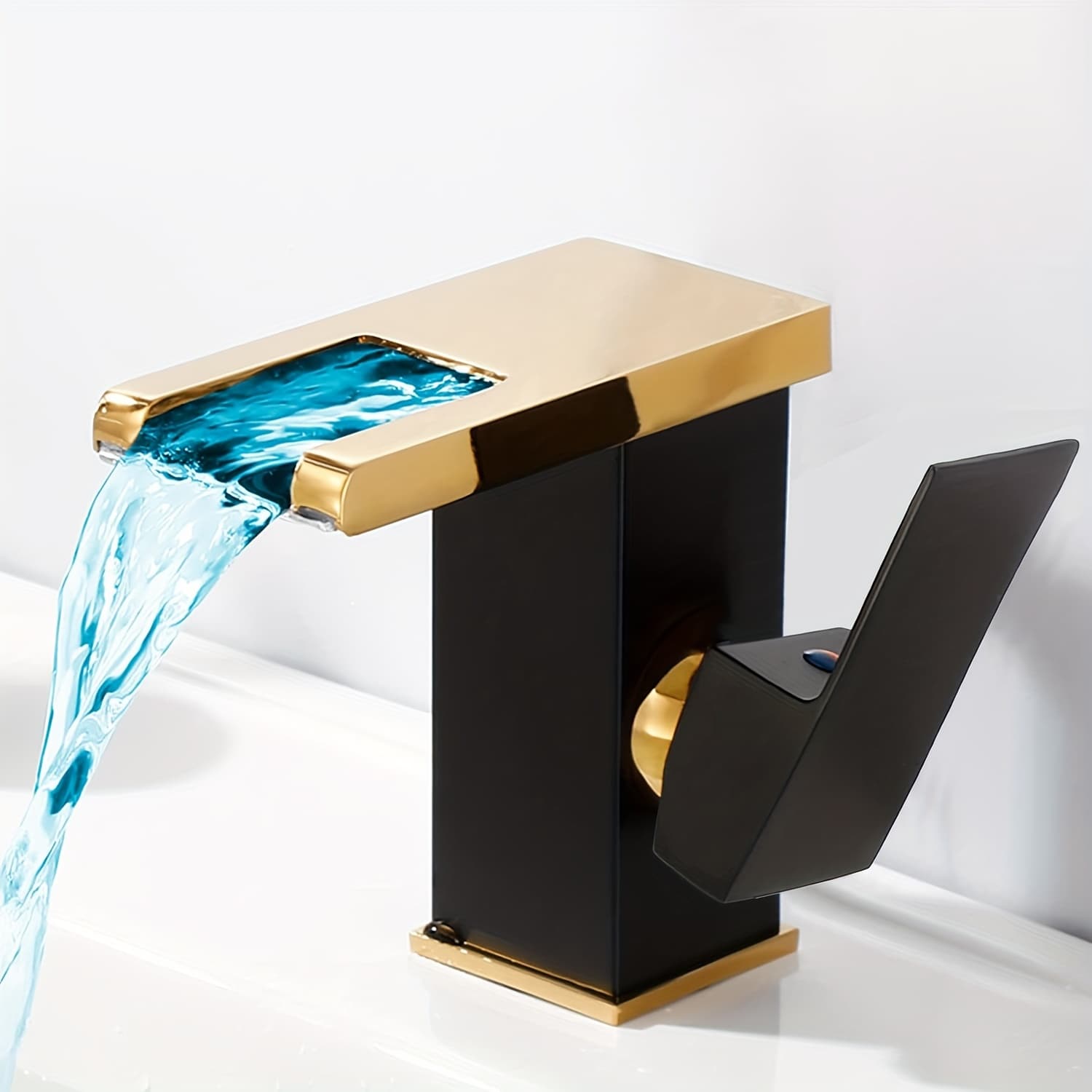 TEMU Black And Golden Waterfall Bathroom Faucet With Led Light Featuring 3 Color , Designed For Single Handle Vanity Sinks, Suitable For 1 Hole Bath And Deck Mounting In Commercial Settings