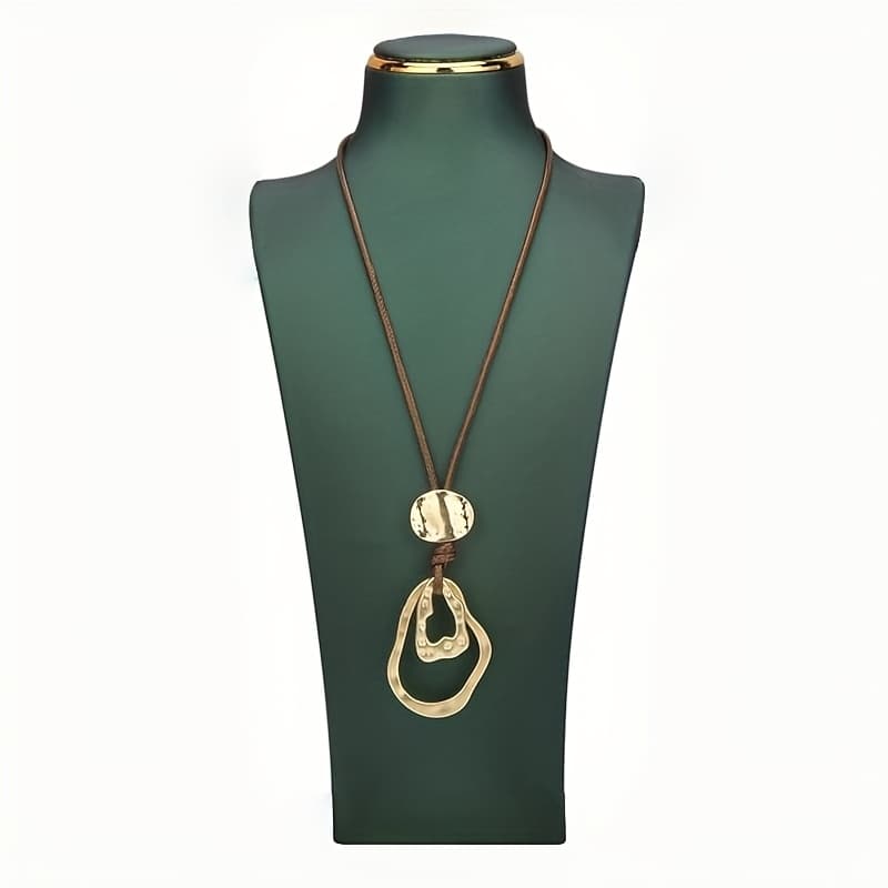 TEMU 1 Boho Style Brown Leather Geometric Irregular Round Hollow Long Pendant Necklace | 14k Golden Plated, Alloy, Suitable For Daily Wear And