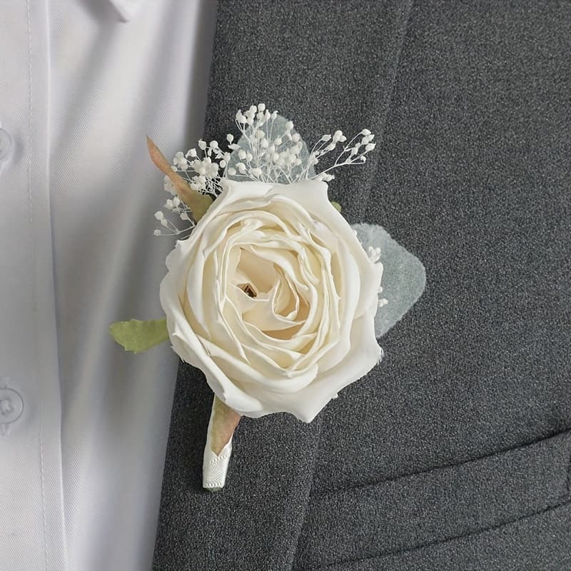 TEMU 1pc White Rose With White Gypsophila Style Beautiful Corsage Suitable For Groom, Decoration, Evening Banquet Dance Ladies Dress Up, Party Activities