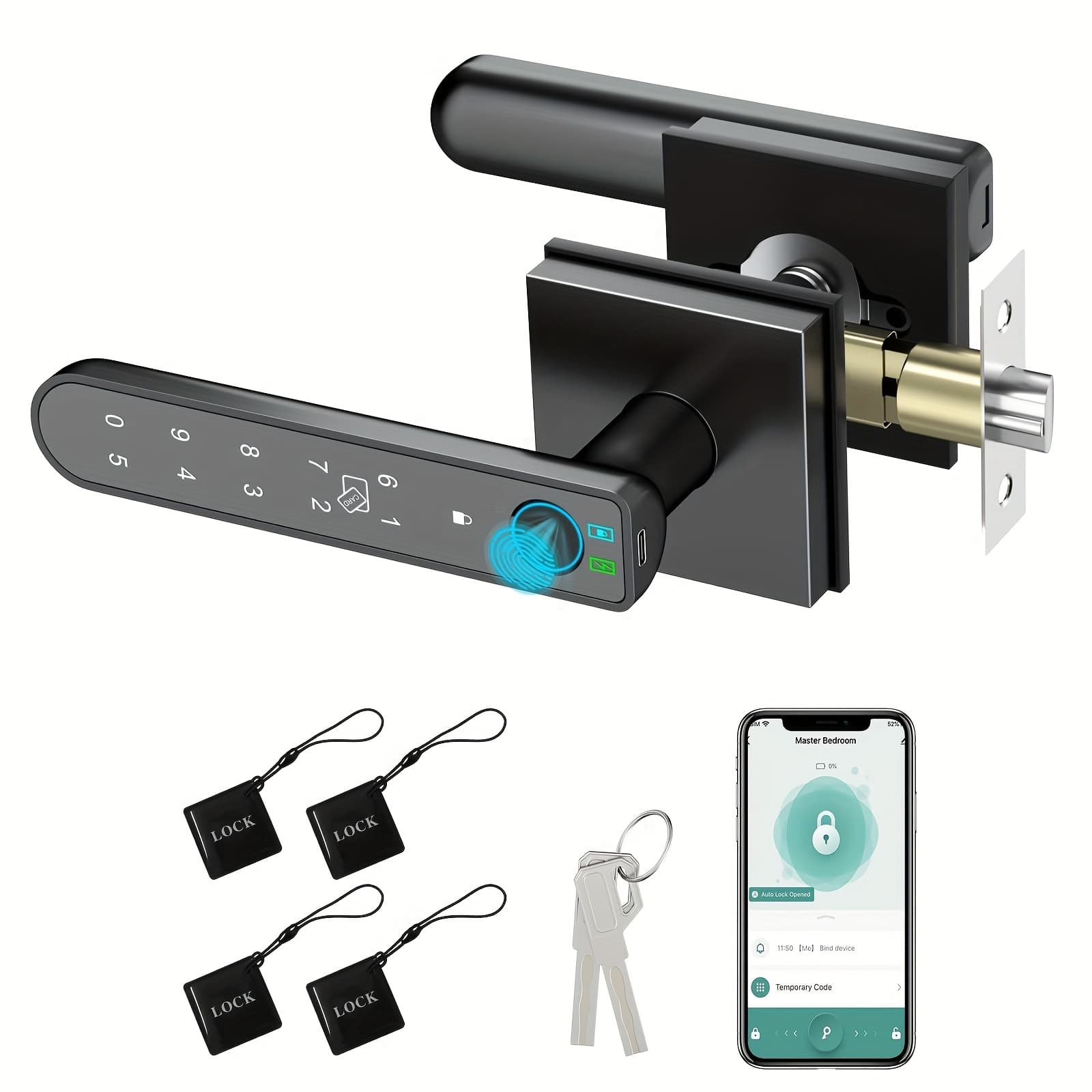 TEMU Smart Door Lock - Fingerprint Door Lock - Smart Door Handle - Tech- Door Lock - Multiple Unlock (100 /ic Card//app/key), Auto-detect Door , , Anti-peeping , Alert