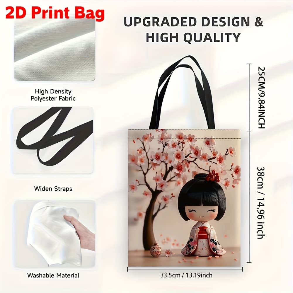 TEMU 1pc Cherry Wo Tote Bag With Doll Printed Shopping Bag For Shopping, Travel, And Work