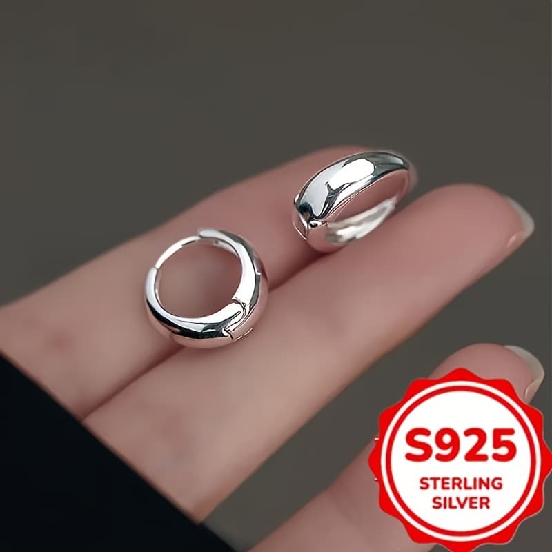 TEMU Elegant Sterling Silver 925 Minimalist Hoop Earrings, Hypoallergenic, Versatile For Work & Occasions, Retro Style
