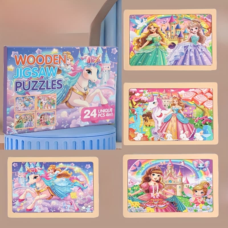 TEMU A Set Of 24 Wooden Educational Puzzles Designed For Kids, Featuring A Whimsical Pink Pony Design. Perfect For Children Aged 3 To 8 Years. A Great Gift For Boys And Girls On Special Occasions