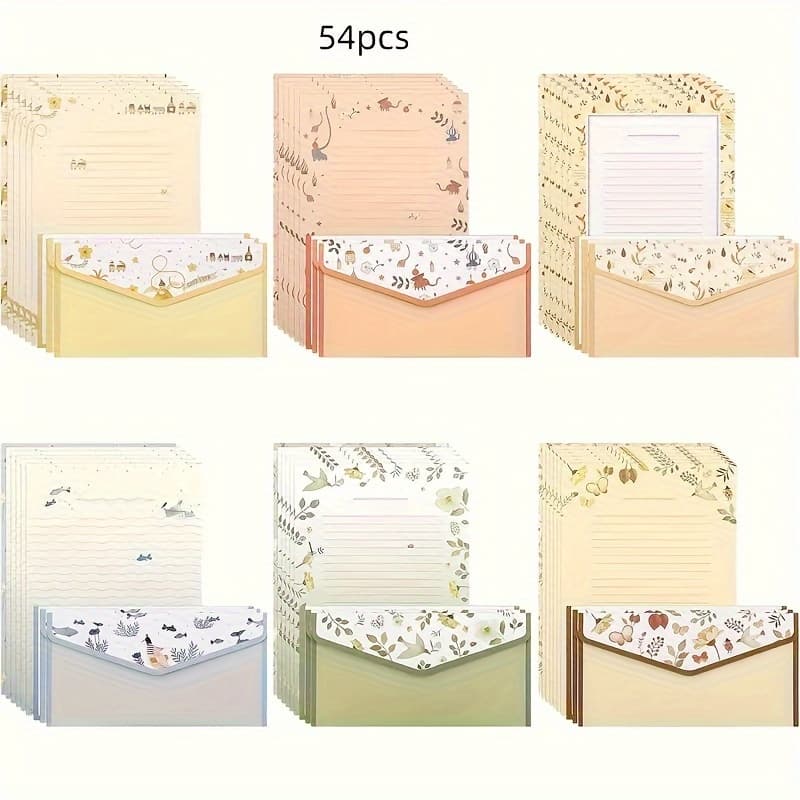 TEMU 54pcs And Envelope Sets, Fresh And Beautiful Envelopes, 6 Different Styles, Double Sided Invitation Card Set Includes 18 Envelopes And 36 Letterheads