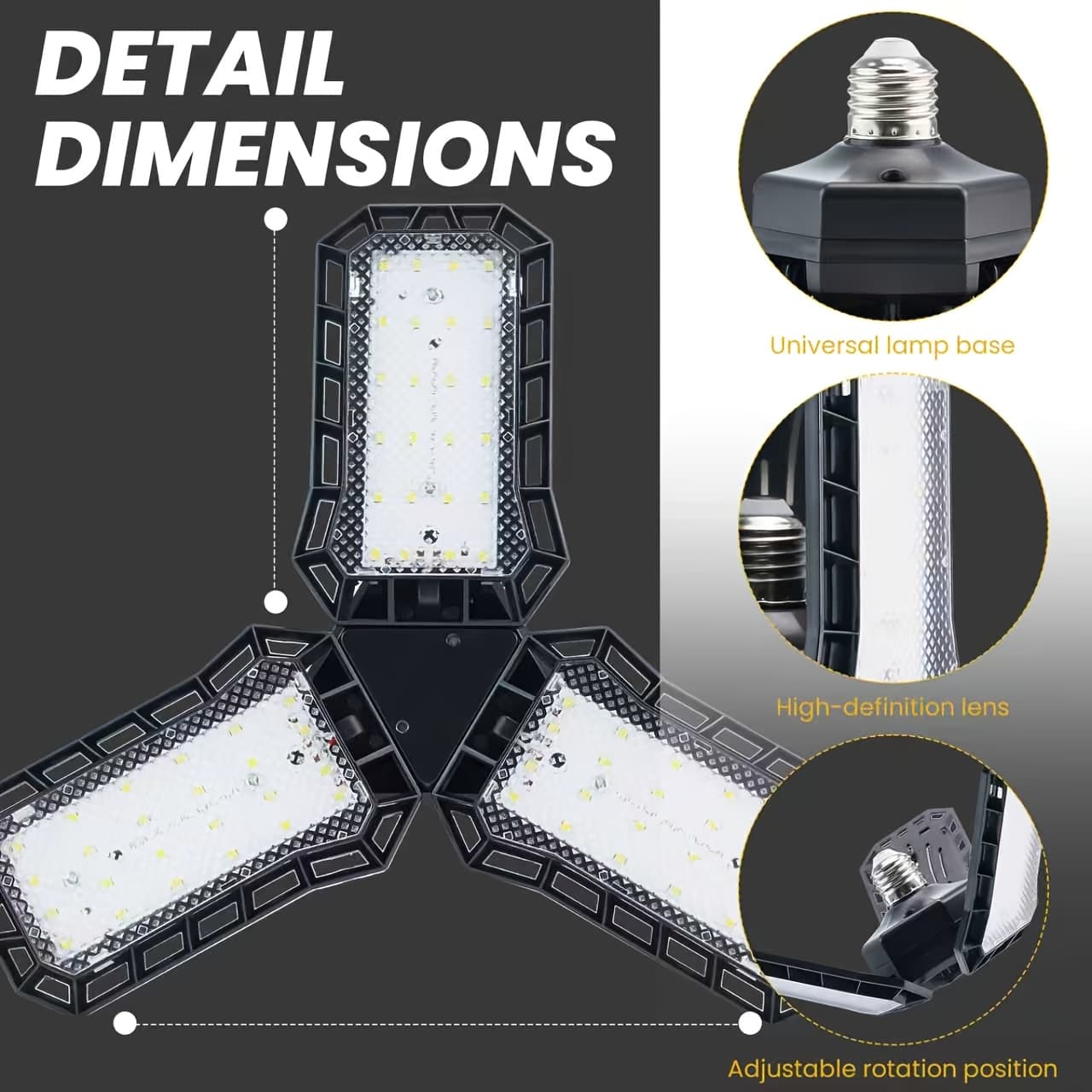 TEMU 3-panel Adjustable For Garage Light, 6000lm High , Flame-retardant & Durable, Multi-angle Foldable Lighting, Heat Dissipation, Energy-saving. Ideal For Garages, Basements, , Supermarkets, Etc