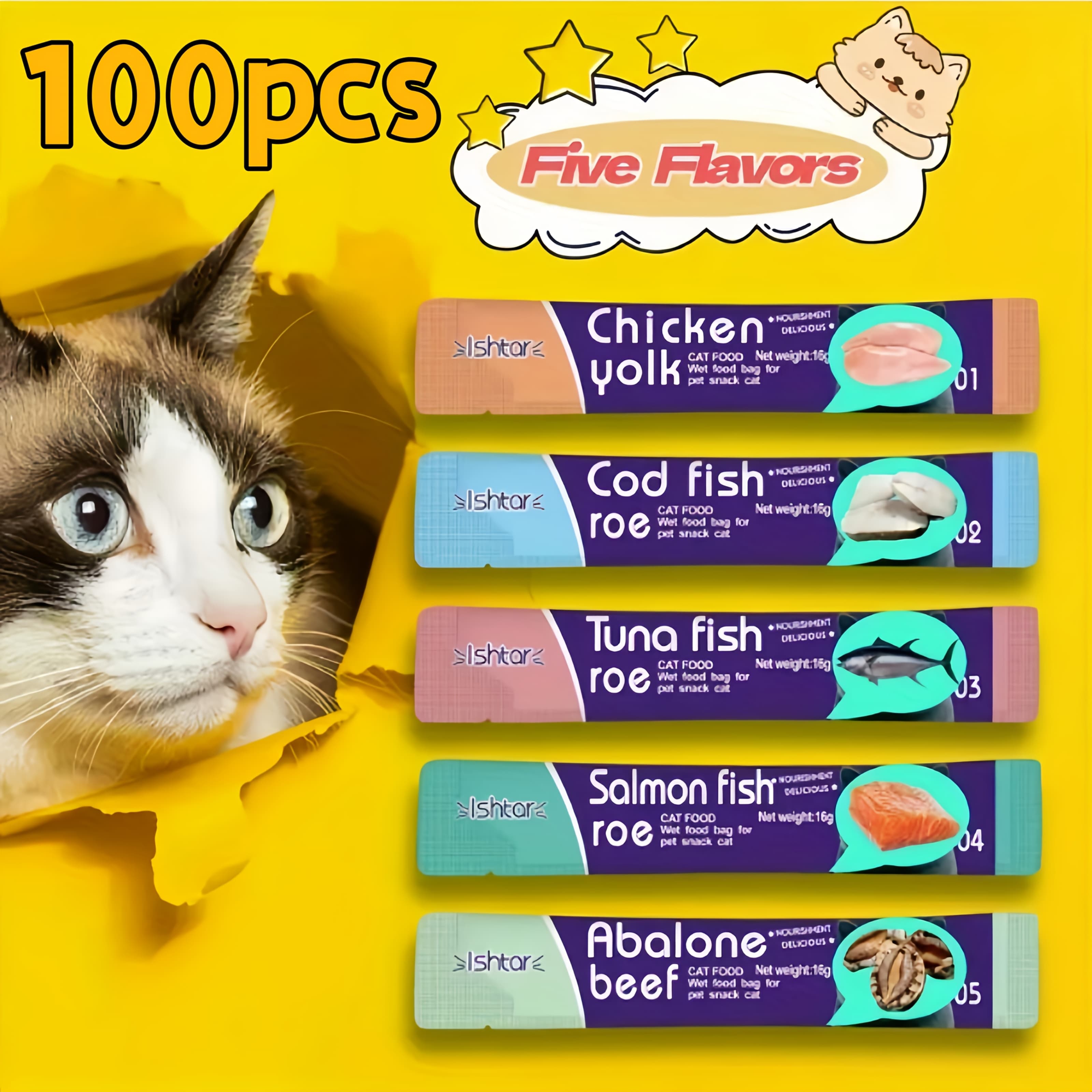 TEMU A Pack Of 100 Or 200pcs Featuring 5 Of Cat Treats, Wet Nutrition Strips Are Designed For Kittens And Adult Cats To Help Them Weight And