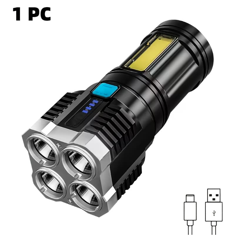 TEMU Rechargeable Usb Flashlight With 4 Led And Cob Side Lights For Outdoor Camping And Fishing, , Portable Hand Lantern 4 Lighting - Bright, Durable, And Convenient-1pc