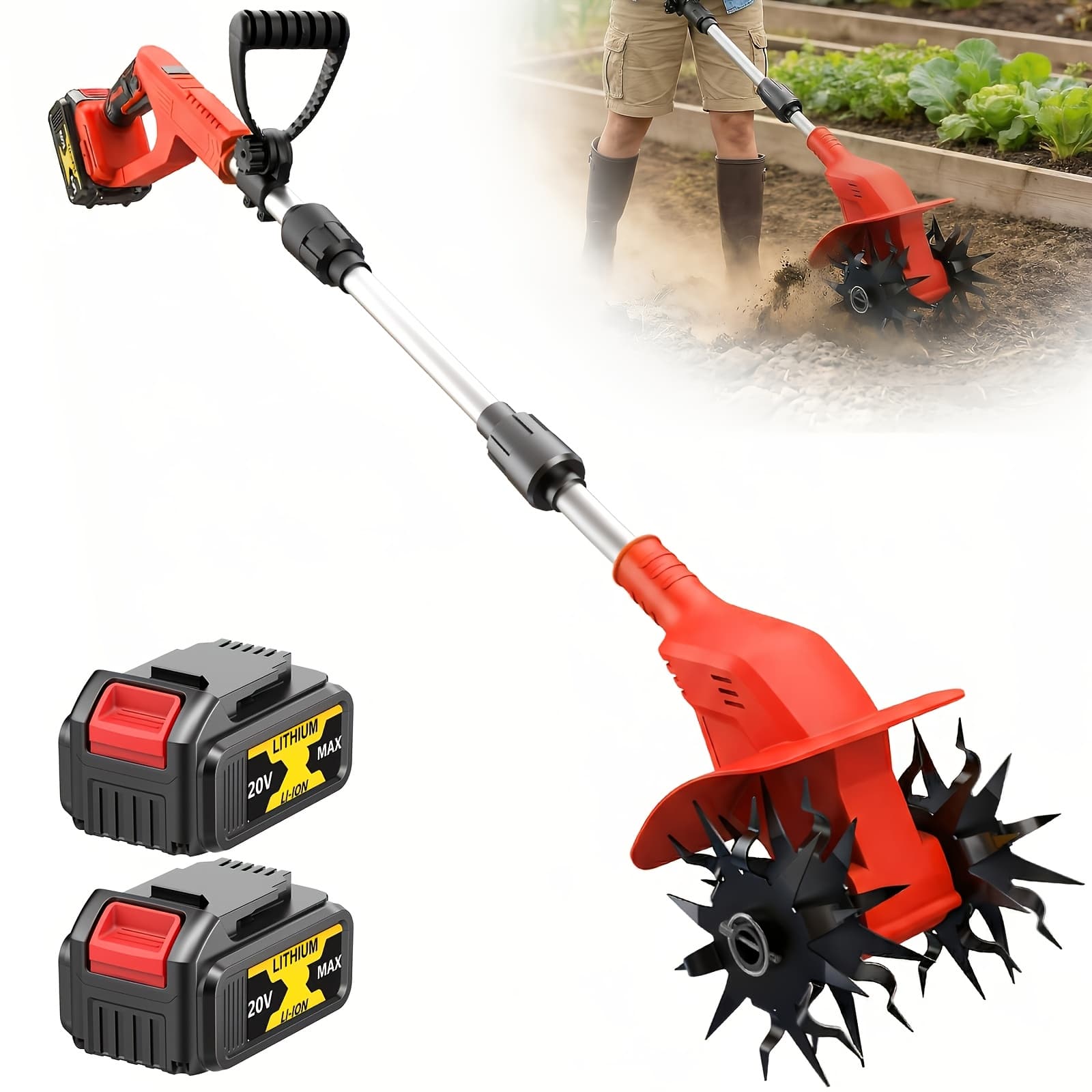 TEMU Spring Gardening Power Gift: Complete Cordless Kit With 2 Batteries, Charger & Adjustable Handle - High Power 20v Motor For Large & Tough Soil, 8.6" Tilling Width, Ideal Seasonal Tool