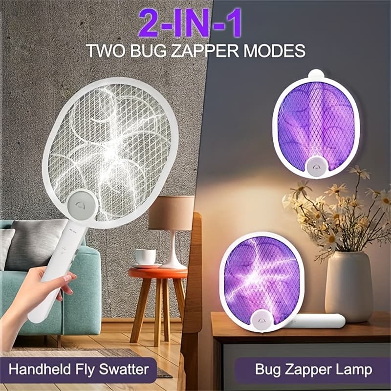 TEMU Foldable Electric Fly Swatter, Type-c Rechargeable Swatter, Dual Handheld And Auto Zap Mode, 1200mah Lithium Battery, Powerful Instant Bug Zapper Racket, Bat For Indoor Outdoor Camping