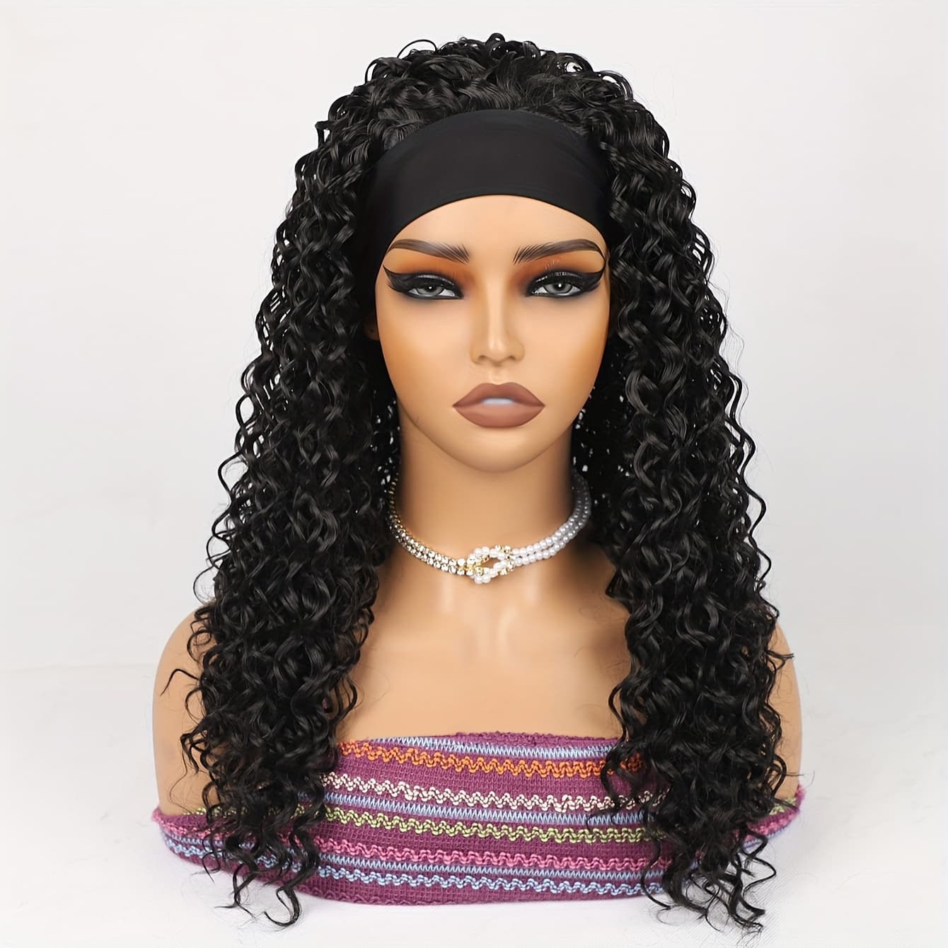 TEMU Headband Wig Curly, Headband Wigs For Women Synthetic, Water Wave Headband Wigs, Wet And Wavy Wigs With Headbands Attached Black Half Wig For Daily Use