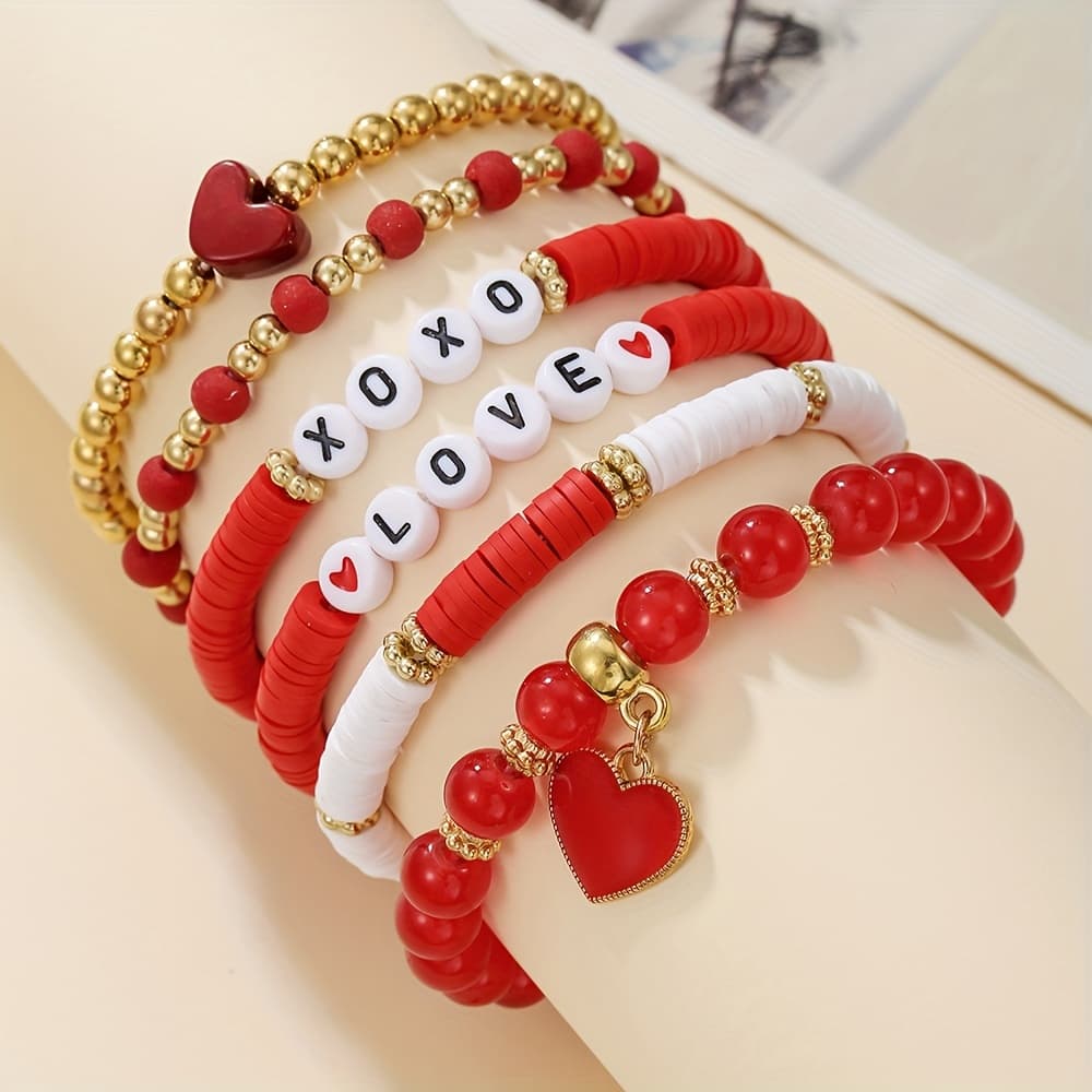 TEMU 6pcs Valentine's Day Heart Element Soft Clay And Acrylic Love Letter Beaded Bracelet Set, Perfect For Women's Party Wear As A Gift For Girlfriend