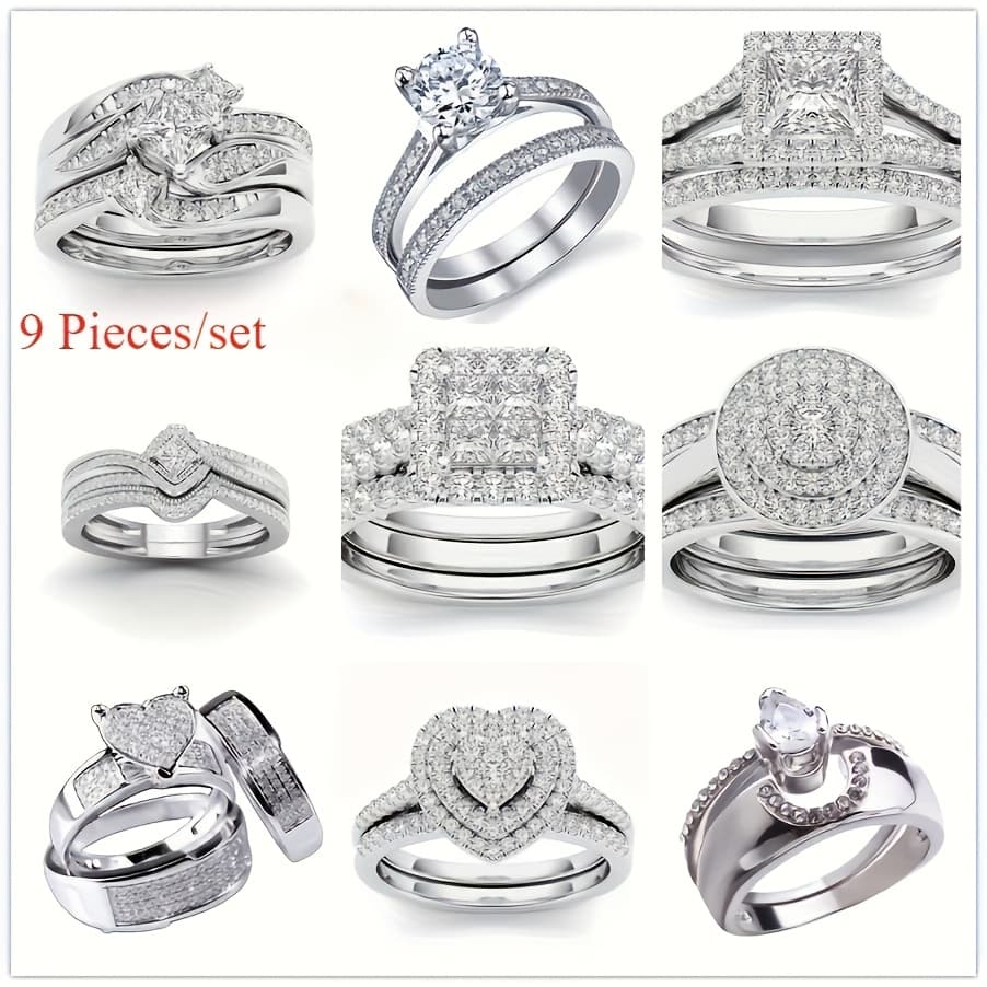 TEMU 9pcs Classic Princess Bridal Engagement And Wedding Ring Set With Synthetic Zirconia Rings For Perfect 's Clothing Matching Jewelry Additions Gifts For Girlfriend And Wife