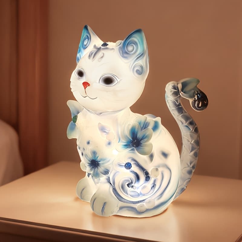 TEMU 3d Vintage Cat Night Light Blue-and-white Porcelain Resin Cat Led Lamp Usb-powered 3d Desktop Decor Retro Chinese-style Bedroom Night Light A Gift For Cat Lovers And Pet Owners