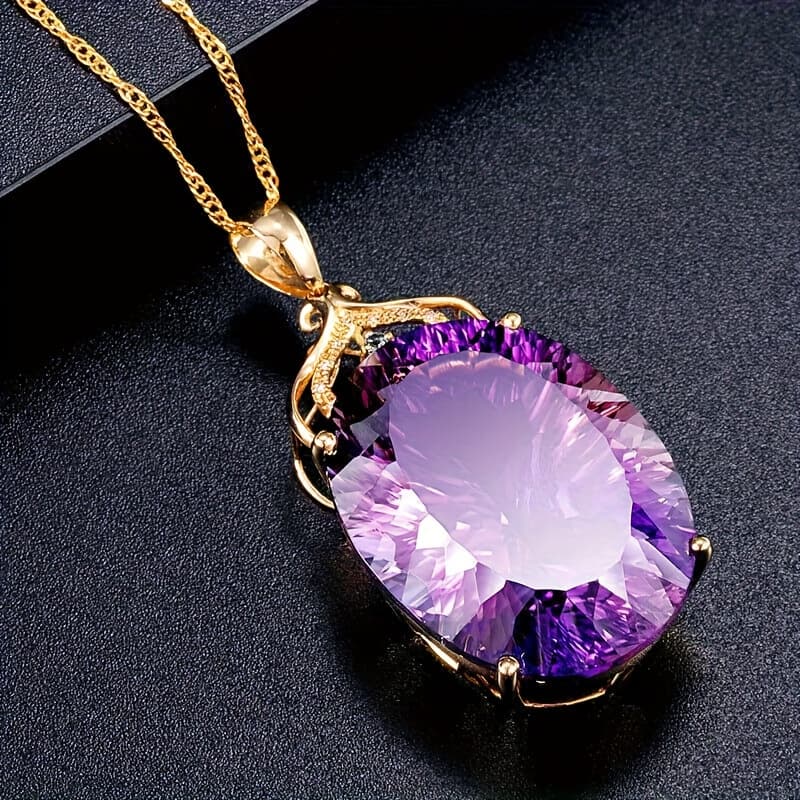TEMU Temperament Luxury Inlay Purple Synthetic Zirconia Oval Pendant Necklace For Women Banquet Wedding Elegant Necklace Jewelry