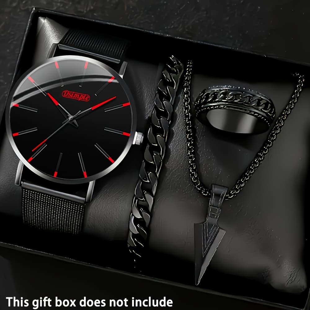 TEMU 4pcs Men's Watch + Necklace Set, Casual Business Quartz Men Watches, Fashion Accessories, Suitable For Any Occasion, Gifts For Men