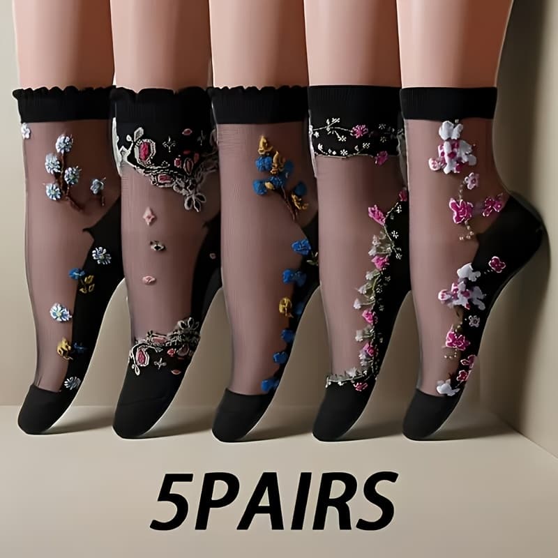 TEMU Random 5-pair Women's Floral Sheer Mid-calf Socks – Mesh Breathable Women's Socks, Elegant And Lightweight, Suitable For Daily Wear And Party Outfits