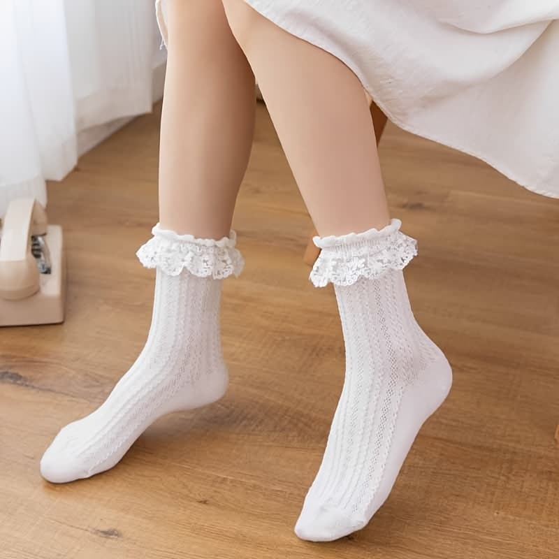 TEMU White Pair Of Cable Mid-calf Socks With Lace Trim