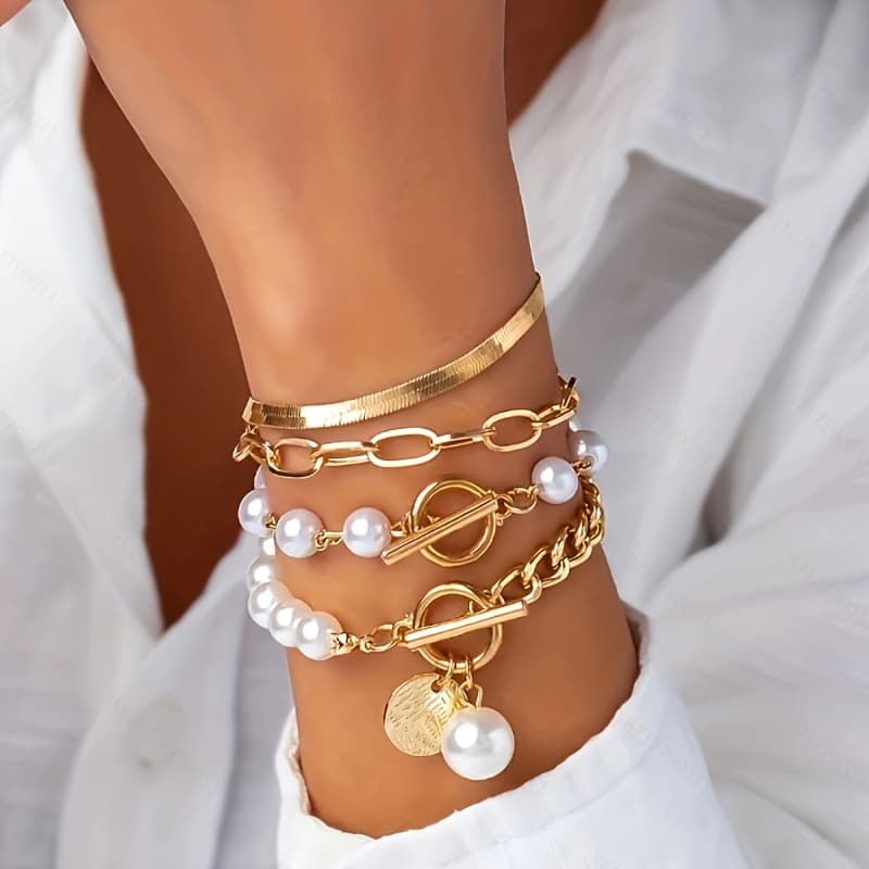TEMU 2d Flat - Elegant And 4pcs Bracelet Set - Flat Snake Chain, Chain Link, Artificial Pearl Beaded, O-t Toggle Clasp Bracelets For Daily And Party Wear
